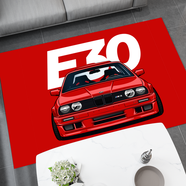 BMW E30 Car Rug, Racing Inspired Red Carpet, Garage Rug