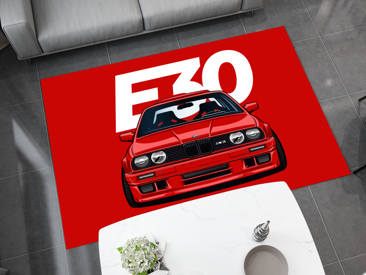 BMW E30 Car Rug, Racing Inspired Red Carpet, Garage Rug
