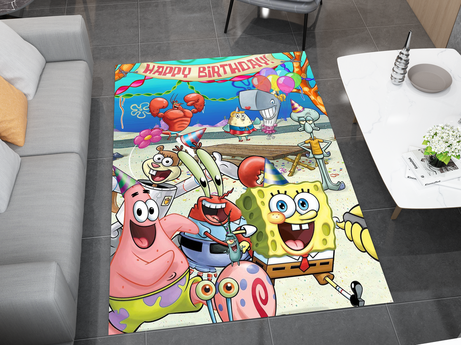 SpongeBob Happy Birthday Rug, Cartoon-Inspired Carpet, Kids' Room Rug
