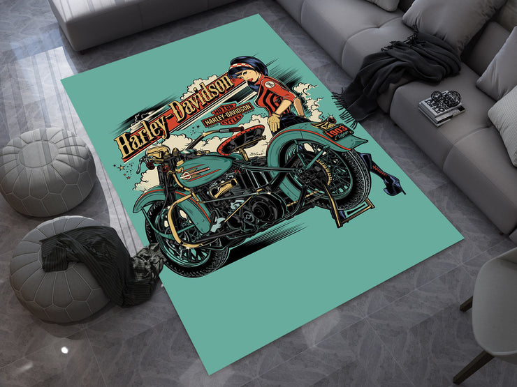 Harley-Davidson Road Custom Rug – Biker-Inspired Garage Decor for Motorcycle Enthusiasts, Motorcycle Carpet
