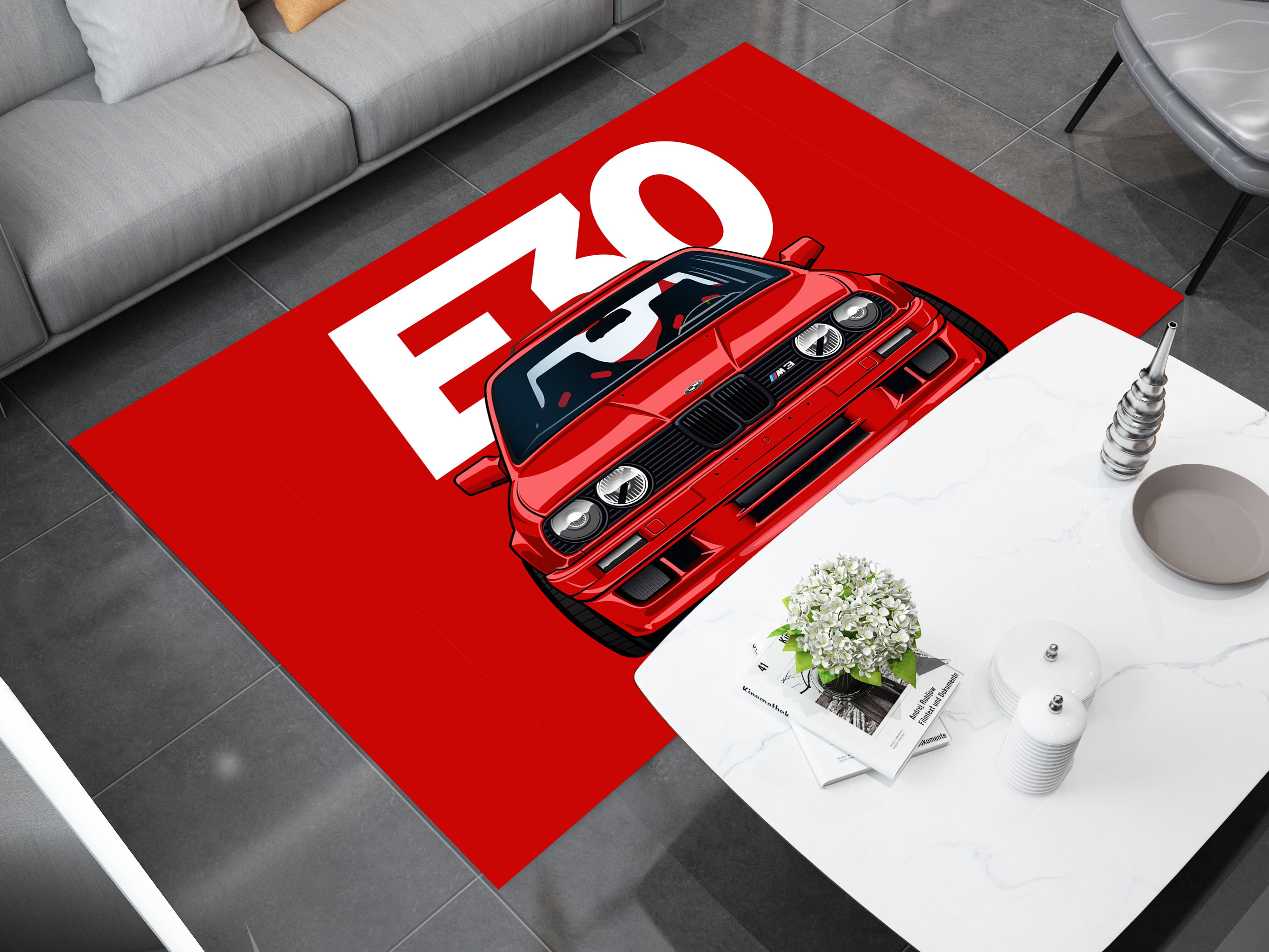 BMW E30 Car Rug, Racing Inspired Red Carpet, Garage Rug