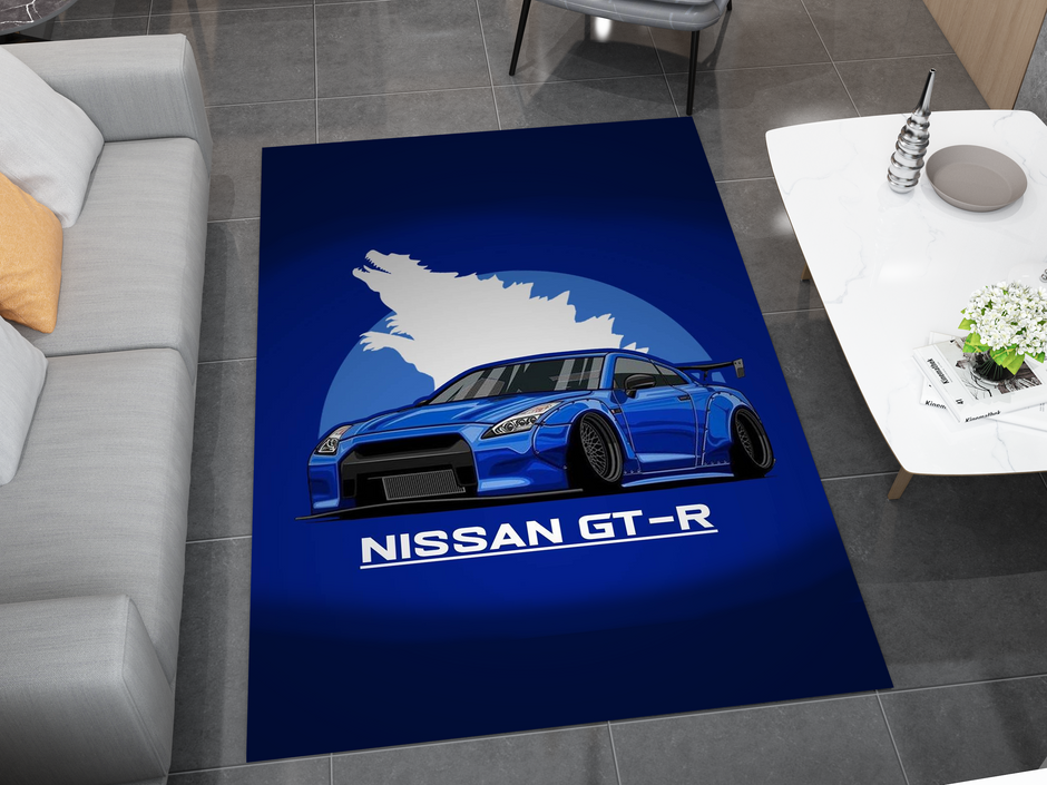 Nissan GTR Car Blue Rug, Racing Inspired Carpet, Garage Rug