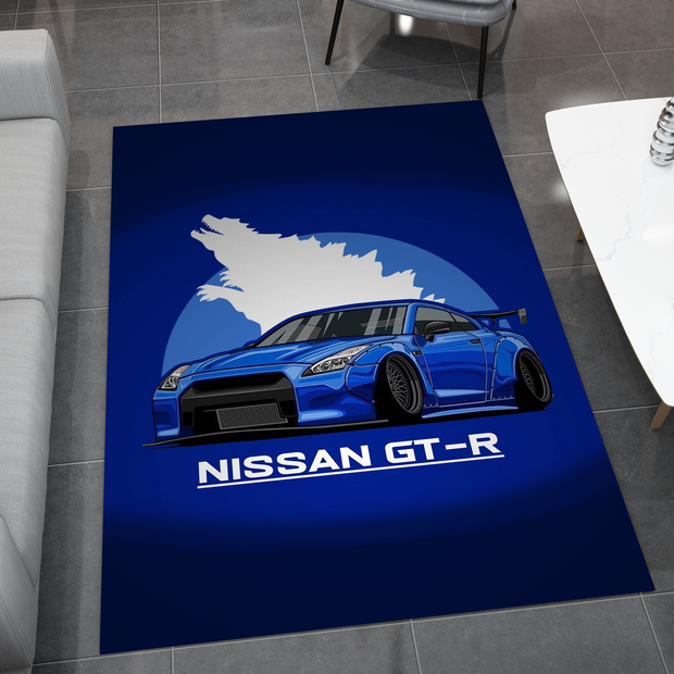 Nissan GTR Car Blue Rug, Racing Inspired Carpet, Garage Rug