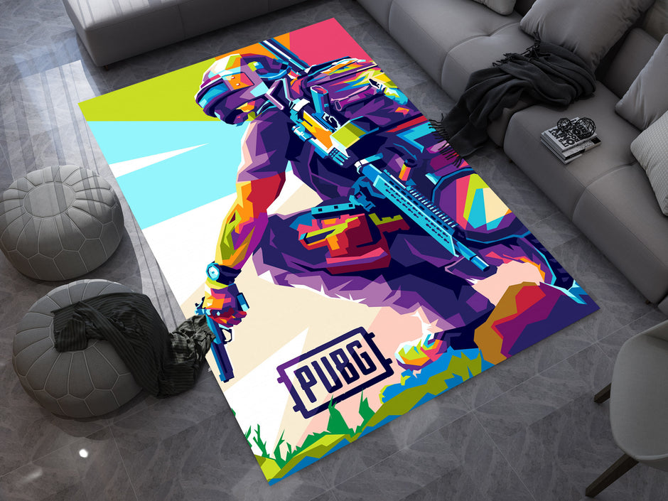 Vibrant PUBG Warrior Custom Rug – Battle Royale Gamer Room Decor, Gaming Room Carpet