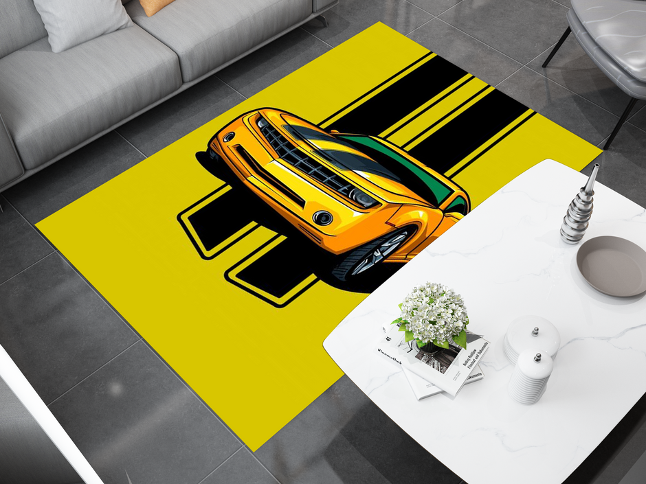 Chevrolet Camaro Muscle Car Rug, American Chevy Garage Decor, Bold Automotive Carpet