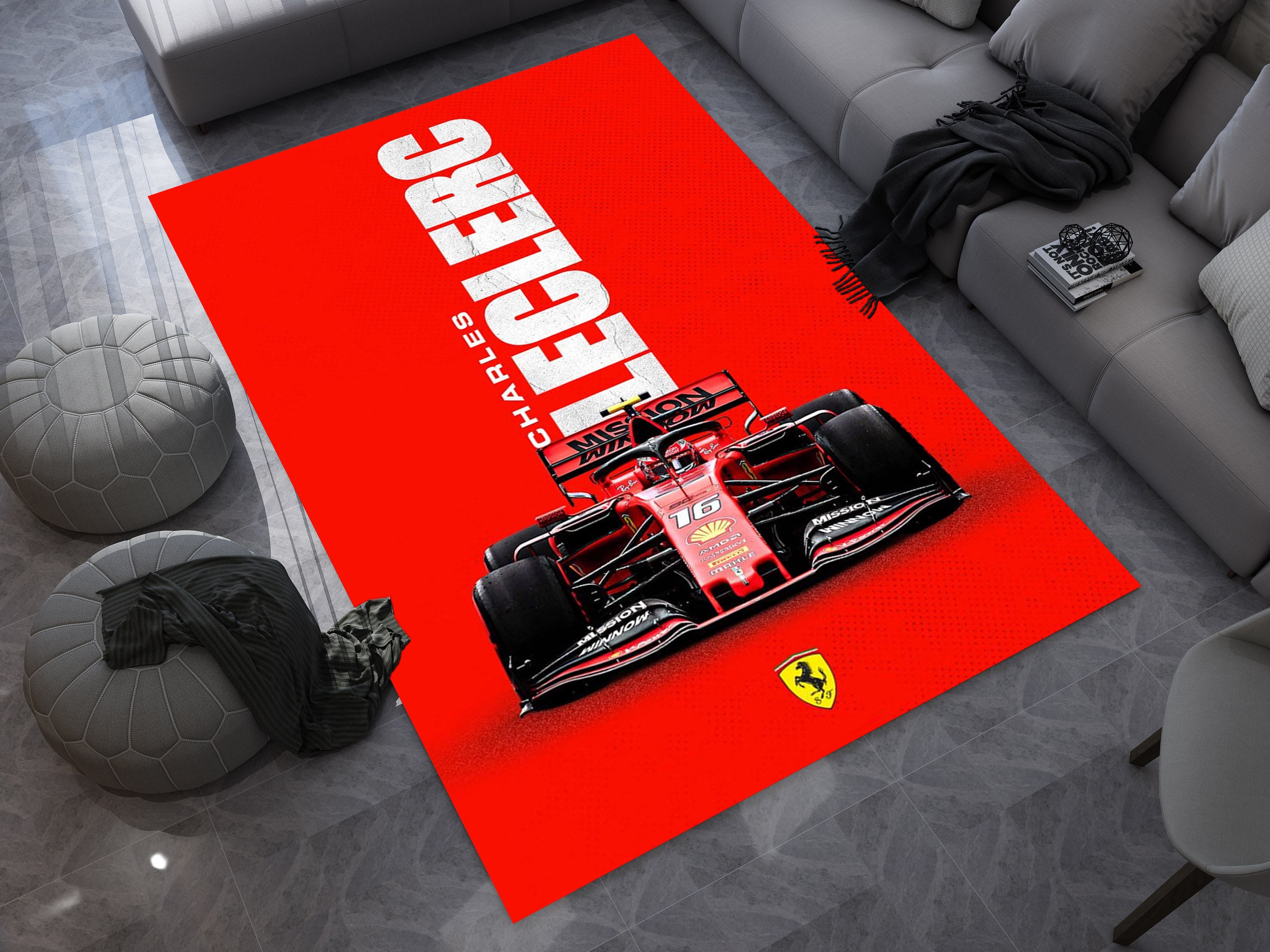 Race Car F1 Custom Rug – Charles Leclerc Formula 1 Icon Room Decor for Racing Fans, Garage Carpet