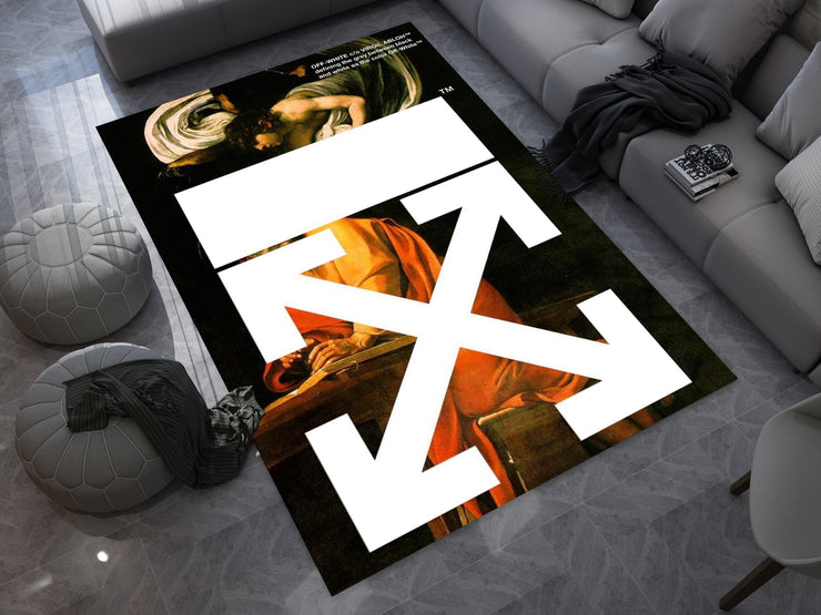 Off-White Art-Inspired Custom Rug – Bold Design for Fashion and Art Lovers, Designer Brand Carpet
