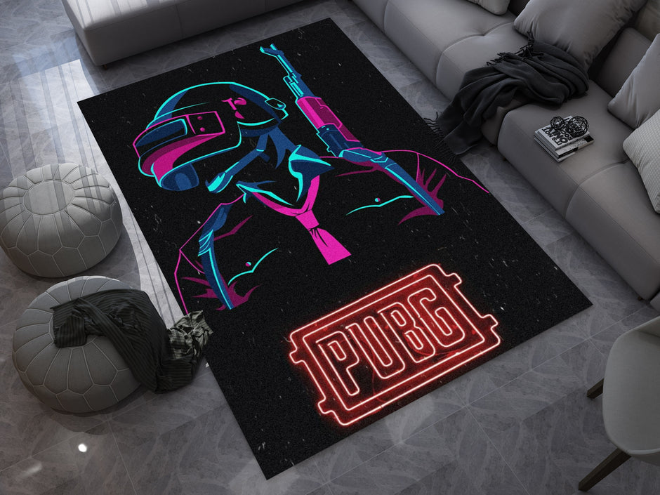 PUBG Neon Warrior Custom Rug – Gamer Room Decor for Battle Royale Fans, Gaming Room Carpet