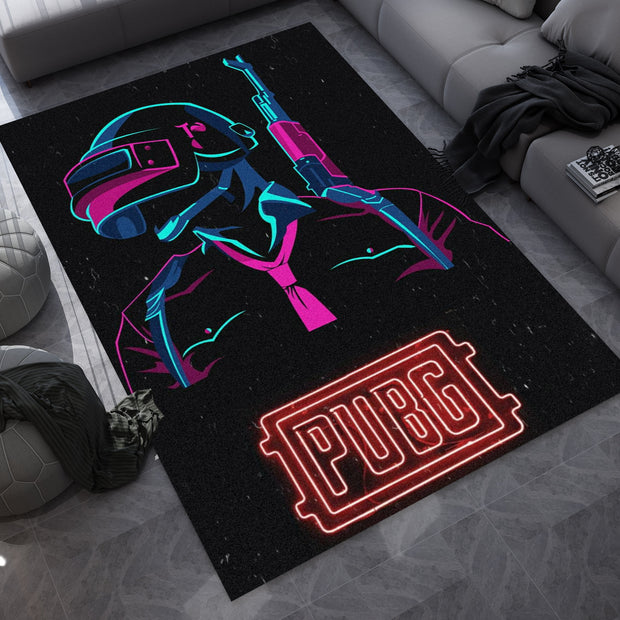 PUBG Neon Warrior Custom Rug – Gamer Room Decor for Battle Royale Fans, Gaming Room Carpet