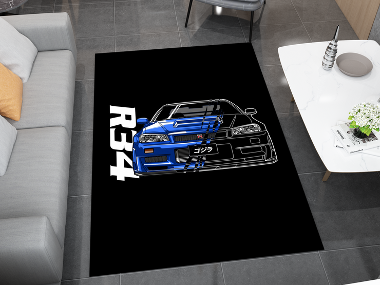 R34 GTR Godzilla  Garage Rug, Nissan Skyline Racing Car Carpet, JDM Enthusiast Decor