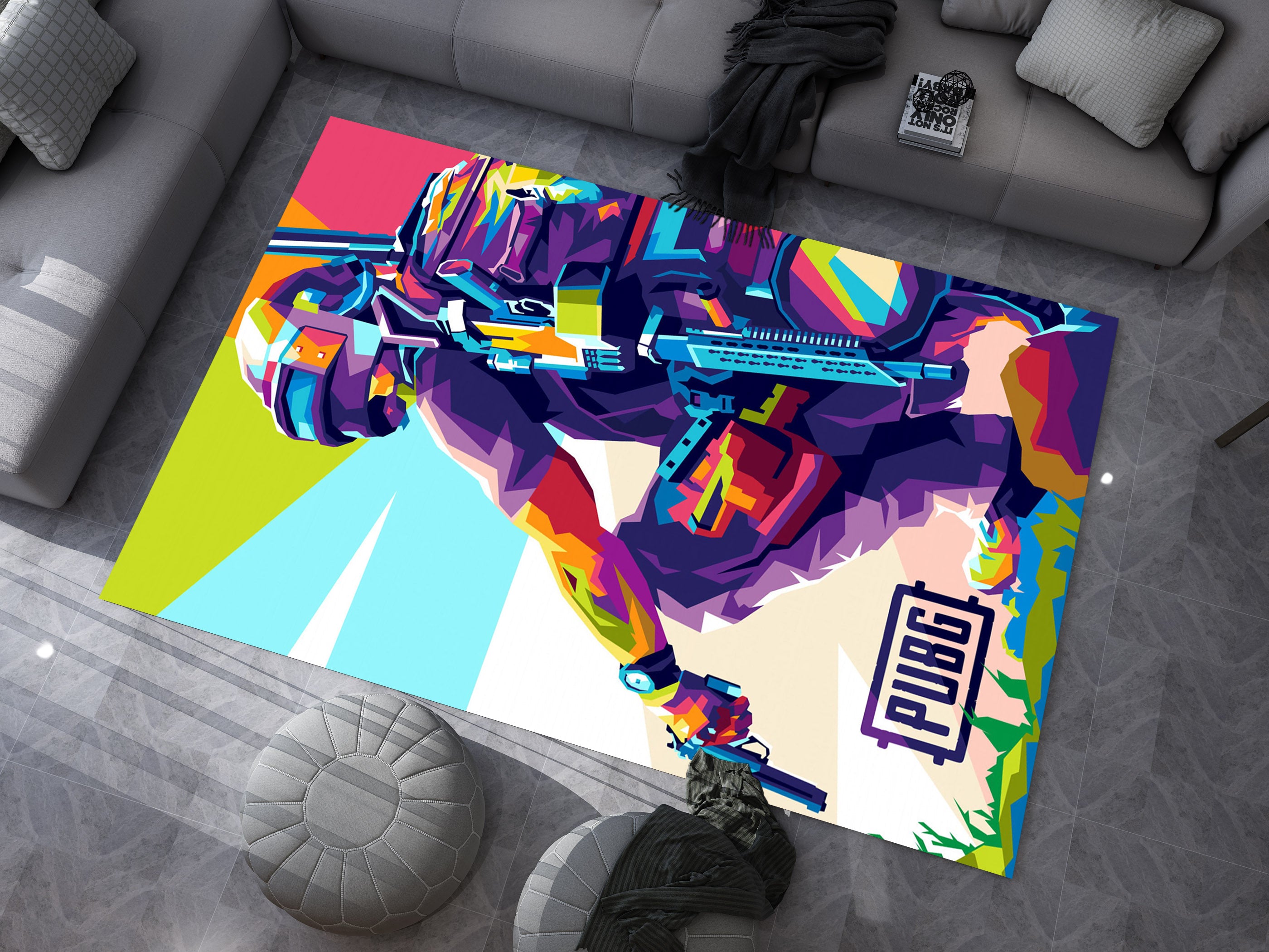 Vibrant PUBG Warrior Custom Rug – Battle Royale Gamer Room Decor, Gaming Room Carpet