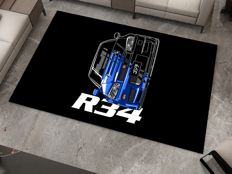R34 GTR Godzilla  Garage Rug, Nissan Skyline Racing Car Carpet, JDM Enthusiast Decor