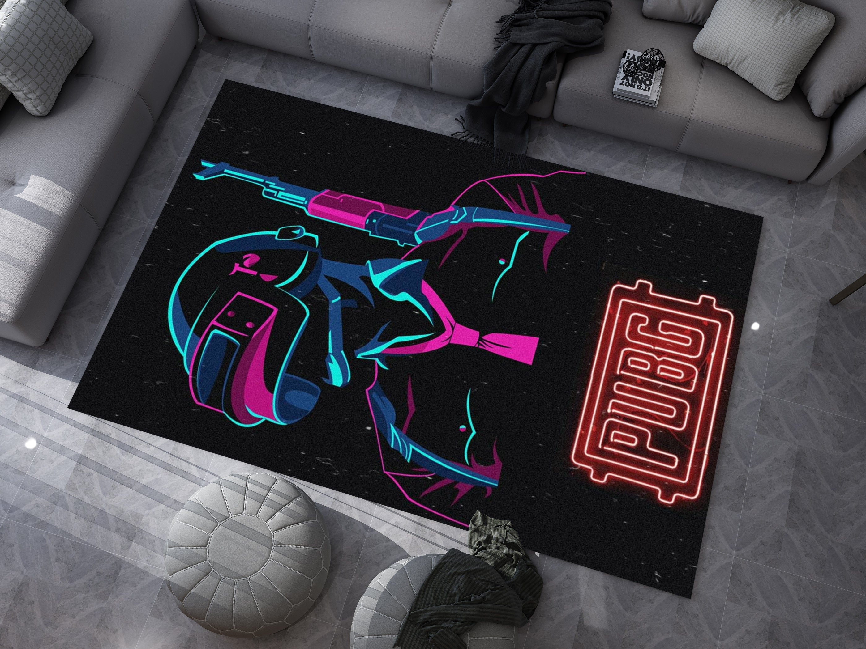 PUBG Neon Warrior Custom Rug – Gamer Room Decor for Battle Royale Fans, Gaming Room Carpet