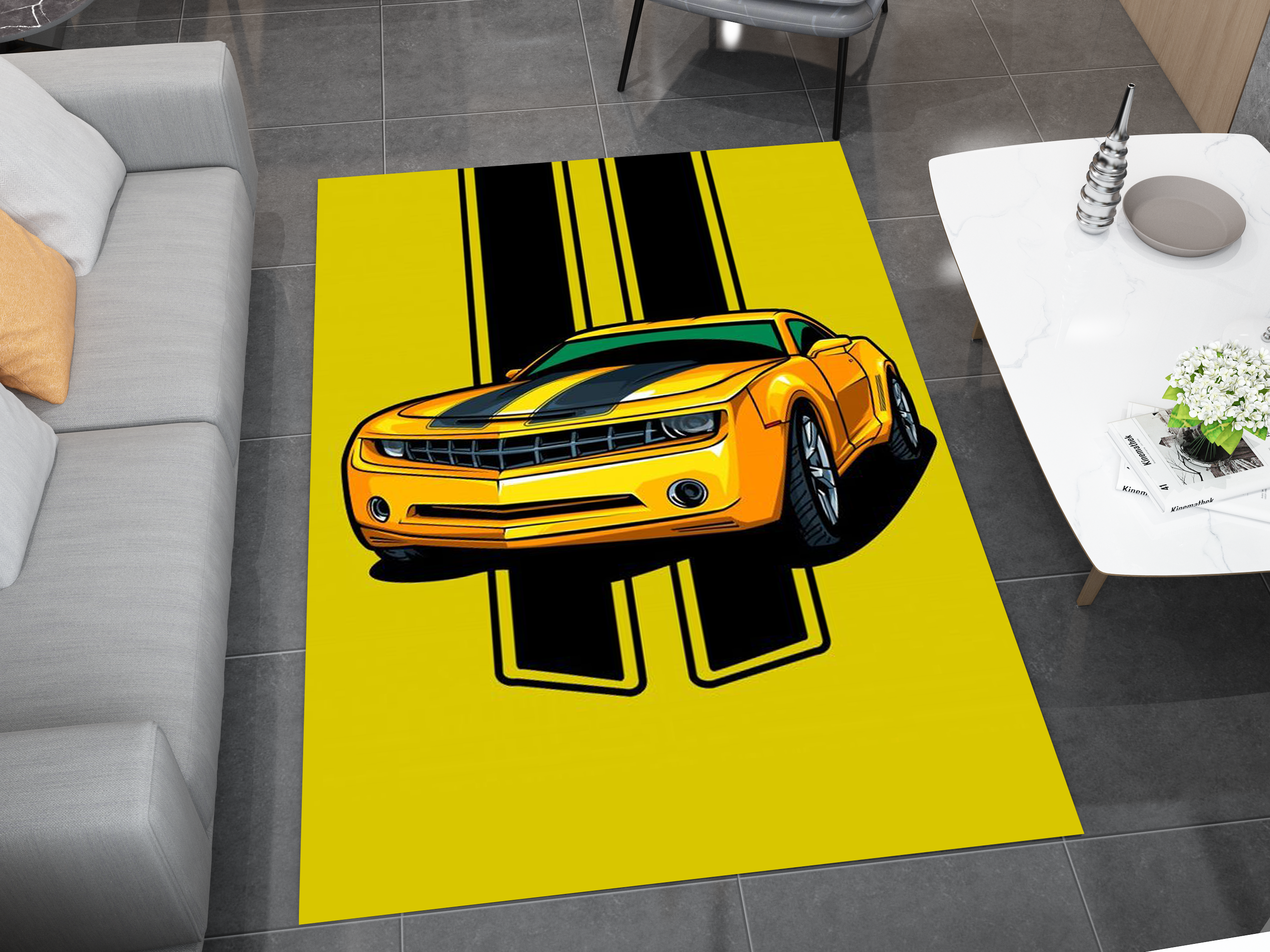Chevrolet Camaro Muscle Car Rug, American Chevy Garage Decor, Bold Automotive Carpet