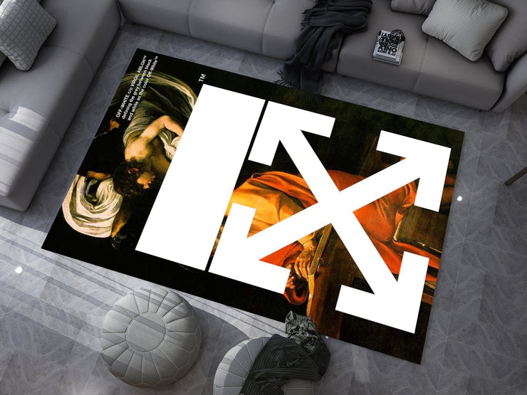 Off-White Art-Inspired Custom Rug – Bold Design for Fashion and Art Lovers, Designer Brand Carpet