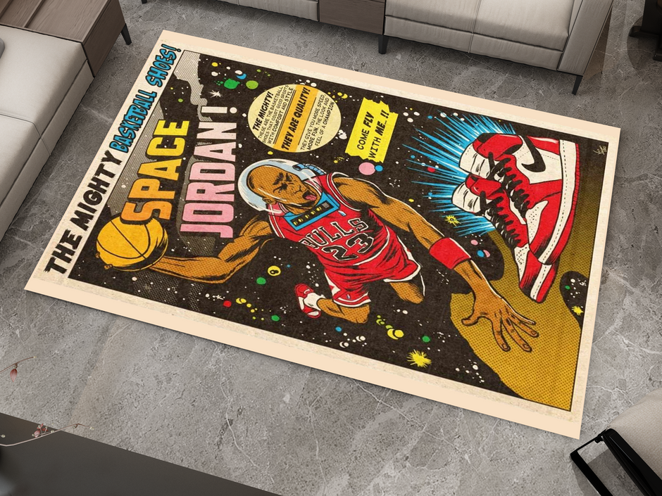 Space Jordan Comic-Style Basketball Rug - Retro Air Jordan Décor, Basketball Carpet