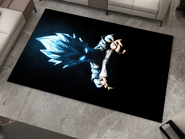 Super Saiyan Blue Goku Silhouette Rug, Dragon Ball Z Rug, Anime Glow-Inspired Carpet