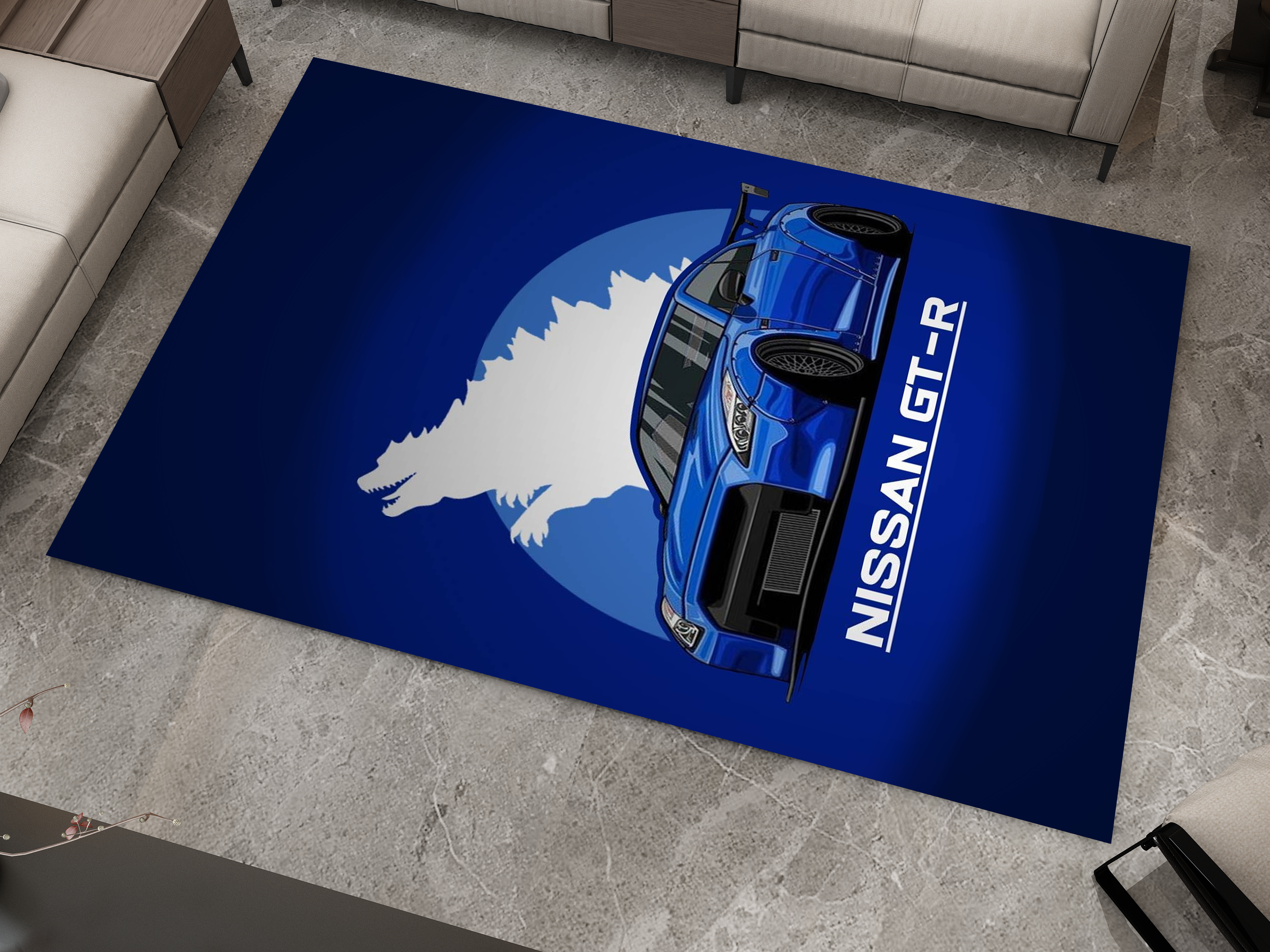 Nissan GTR Car Blue Rug, Racing Inspired Carpet, Garage Rug