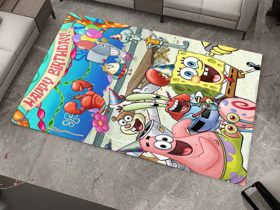 SpongeBob Happy Birthday Rug, Cartoon-Inspired Carpet, Kids' Room Rug