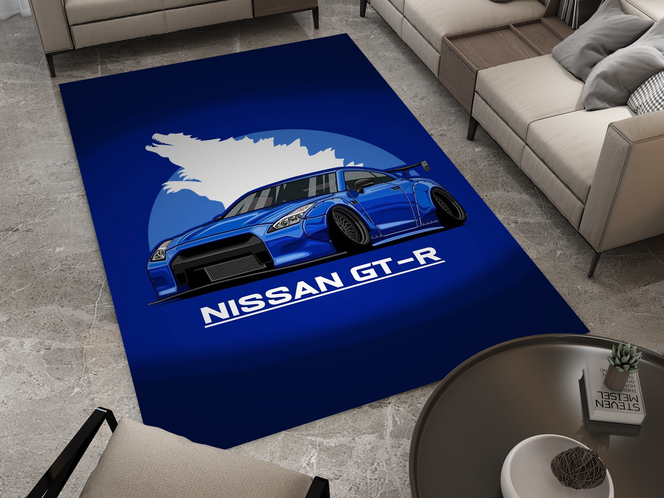 Nissan GTR Car Blue Rug, Racing Inspired Carpet, Garage Rug
