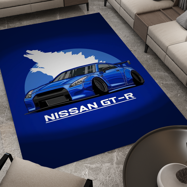 Nissan GTR Car Blue Rug, Racing Inspired Carpet, Garage Rug