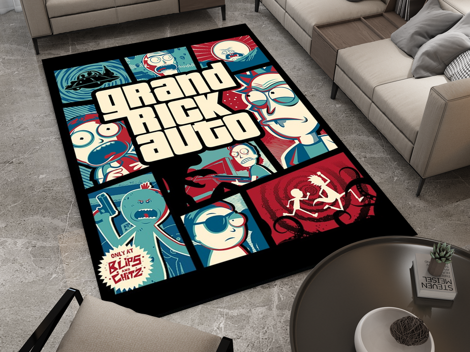 Rick and Morty GTA Rug, Cartoon-Inspired Carpet, Portal Rick Rug, Geek Gift, Gamer Decoration