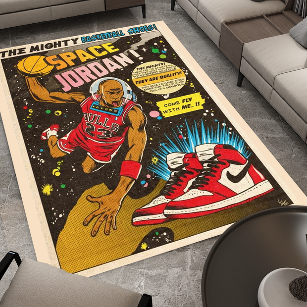 Space Jordan Comic-Style Basketball Rug - Retro Air Jordan Décor, Basketball Carpet