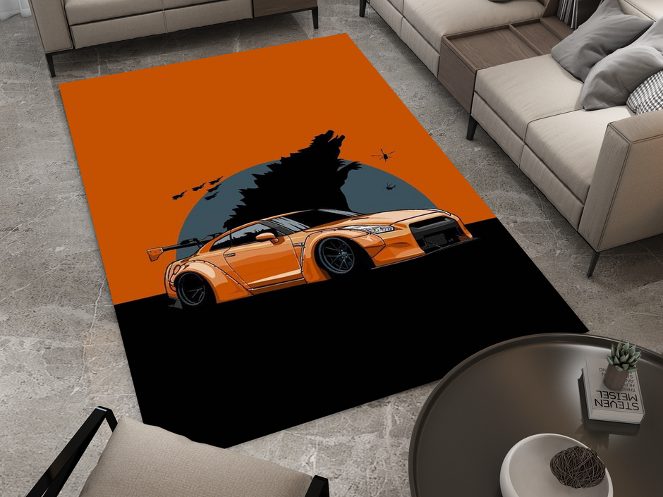 Nissan GTR Car Blue Rug, Racing Inspired Carpet, Garage Rug