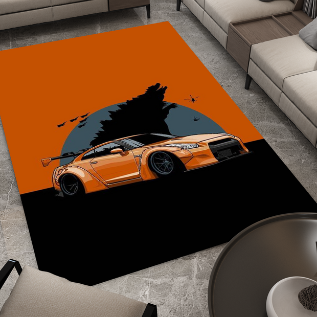 Nissan GTR Car Blue Rug, Racing Inspired Carpet, Garage Rug